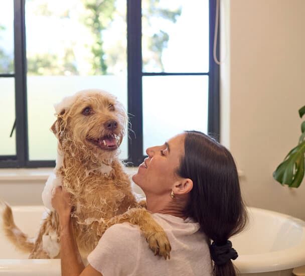 Frau, die ihren Hund badet