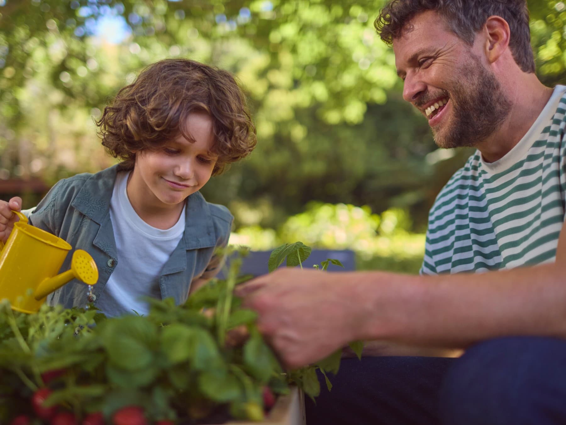 Kind und Vater gießen Erdbeeren im Garten, im Hintergrund eine Wärmepumpe