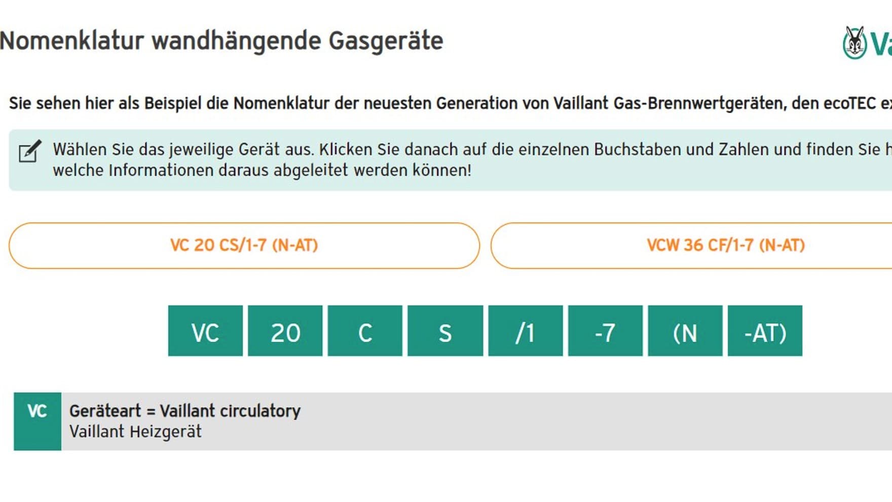 Die digitale Lernkarte von Vaillant zu Produktbezeichnungen und Gerätenomenklatur (Auswahl)