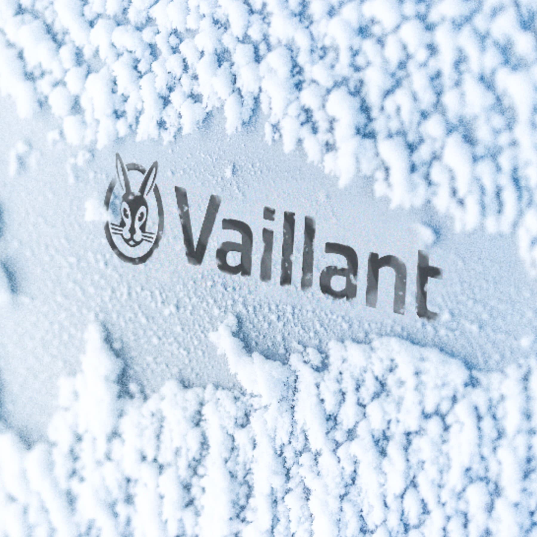 Vaillant-Logo auf einer schneebedeckten Wärmepumpe