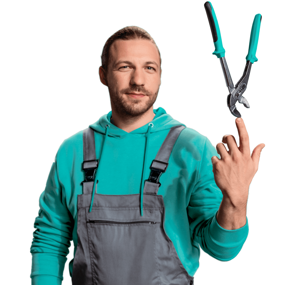 Installateur balanciert ein Werkzeug auf seiner Hand